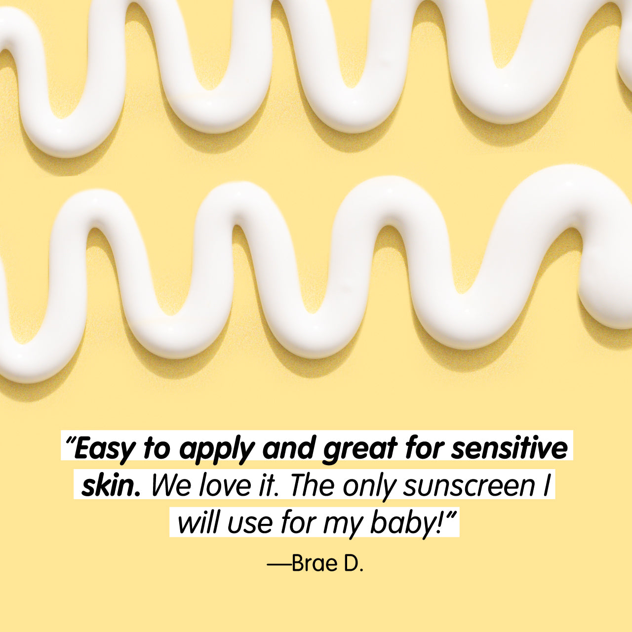 Wavy lines of white sunscreen lotion on a yellow background with a quote about sunscreen.